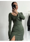 Mini Yırtmaçlı Elbise - Haki