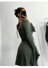Mini Yırtmaçlı Elbise - Haki