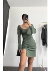 Mini Yırtmaçlı Elbise - Haki