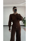 Morna Çift Fermuarlı Triko Takım - Kahve