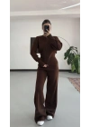Morna Çift Fermuarlı Triko Takım - Kahve