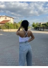 Önü Çapraz Büzgülü Crop - Beyaz