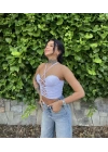 Önü Çapraz Büzgülü Crop - Beyaz