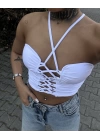 Önü Çapraz Büzgülü Crop - Beyaz