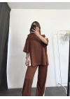 Oversize Şeritli Takım - Kahve