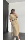 Oversize Yırtmaçlı Elbise - Bej