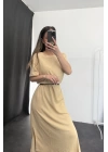 Oversize Yırtmaçlı Elbise - Bej
