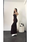 Rana Sırt Dekolte İp Asklı Elbise -Kahve