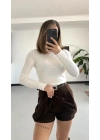 Rita Ön Pileli Şort Etek - Kahve