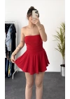 Straplez Şortlu Elbise - Kırmızı
