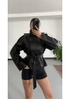 Tania Kruvaze Deri Trençkot - Siyah