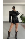 Tania Kruvaze Deri Trençkot - Siyah