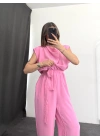 Vatkalı Crep Tulum - Pembe