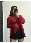 Volanlı Tül Bluz - Bordo