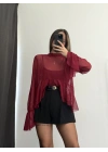 Volanlı Tül Bluz - Bordo