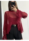 Volanlı Tül Bluz - Bordo