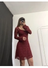 Wanda Mini Dantel Elbise - Bordo