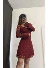 Wanda Mini Dantel Elbise - Bordo