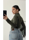 Yaka Düğmeli Çizgili Tshirt - Haki