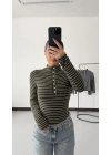 Yaka Düğmeli Çizgili Tshirt - Haki