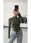 Yaka Düğmeli Çizgili Tshirt - Haki