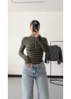 Yaka Düğmeli Çizgili Tshirt - Haki