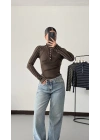 Yaka Düğmeli Çizgili Tshirt - Kahve