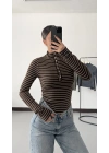Yaka Düğmeli Çizgili Tshirt - Kahve