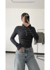Yaka Düğmeli Çizgili Tshirt - Lacivert