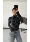 Yaka Düğmeli Çizgili Tshirt - Lacivert