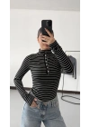 Yaka Düğmeli Çizgili Tshirt - Siyah