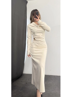 Aven Degaje Yaka Tokalı Elbise - Taş