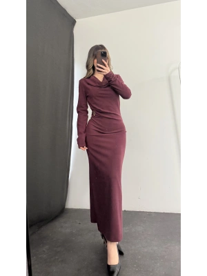 Aven Degaje Yaka Tokalı Elbise - Bordo