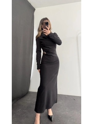 Aven Degaje Yaka Tokalı Elbise - Siyah