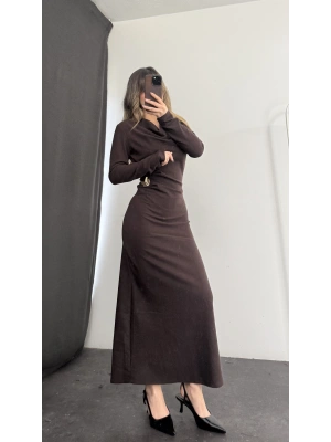 Aven Degaje Yaka Tokalı Elbise - Kahve