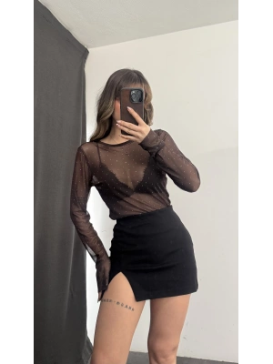 Lyla Taşlı Tül Bluz - Kahve
