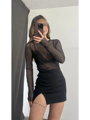 Lyla Taşlı Tül Bluz - Siyah