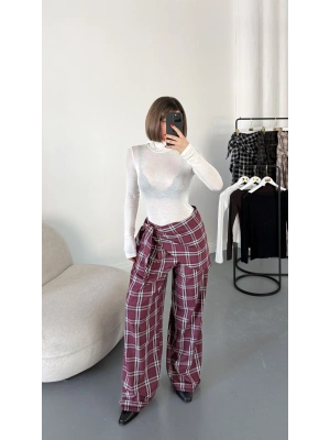 Valerie Bağlamalı Ekose Pantolon - Bordo