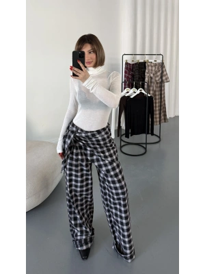 Valerie Bağlamalı Ekose Pantolon - Siyah
