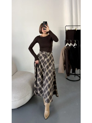 Düğmeli Ekose Etek - Kahve