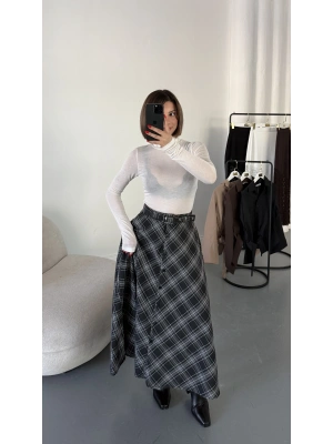 Düğmeli Ekose Etek - Siyah