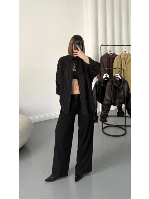 Allison Çizgili Salaş Gömlek - Siyah