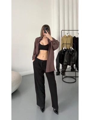 Allison Çizgili Salaş Gömlek - Kahve