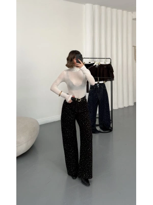 Kitty Taşlı Bol Paça Jean - Füme