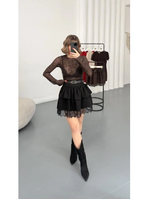 Arya Kemerli Katlı Etek - Siyah