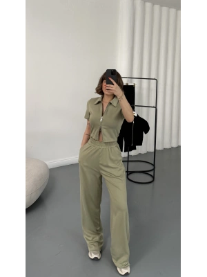 Rena Fermuarlı Crop Takım - Haki
