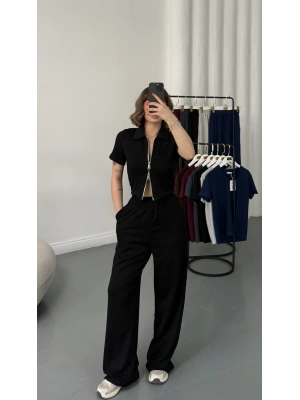 Rena Fermuarlı Crop Takım - Siyah