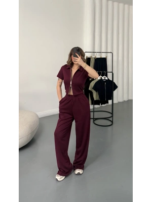 Rena Fermuarlı Crop Takım - Bordo