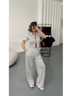 Rena Fermuarlı Crop Takım - Gri Melanj