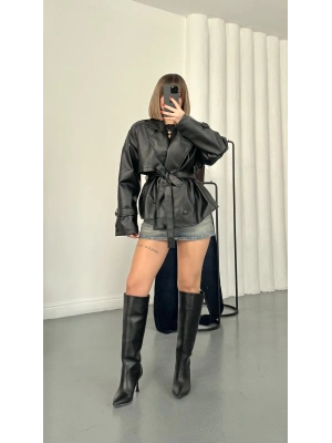 Merlin Kuşaklı Deri Ceket - Siyah